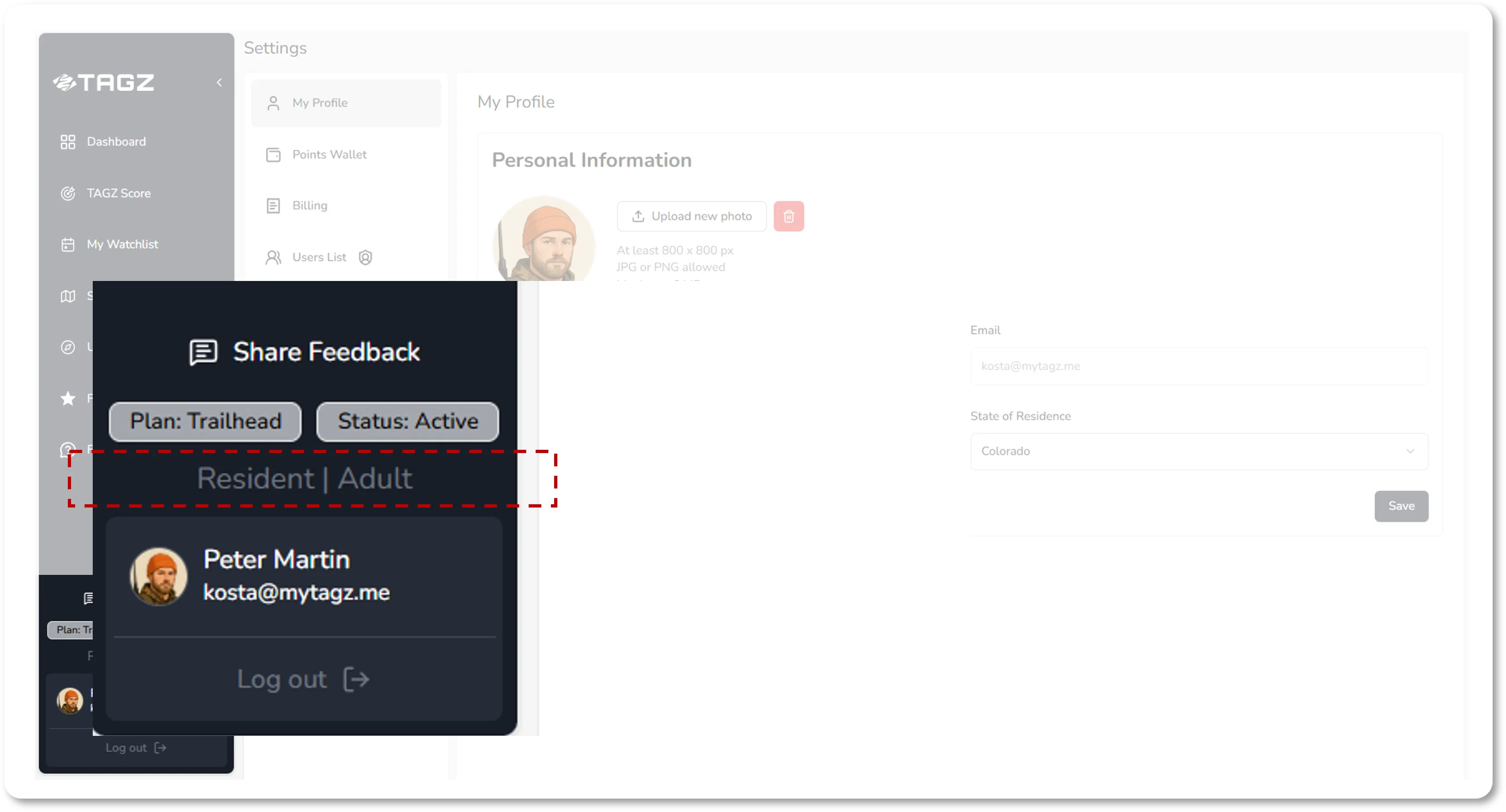 Sidebar showing profile settings