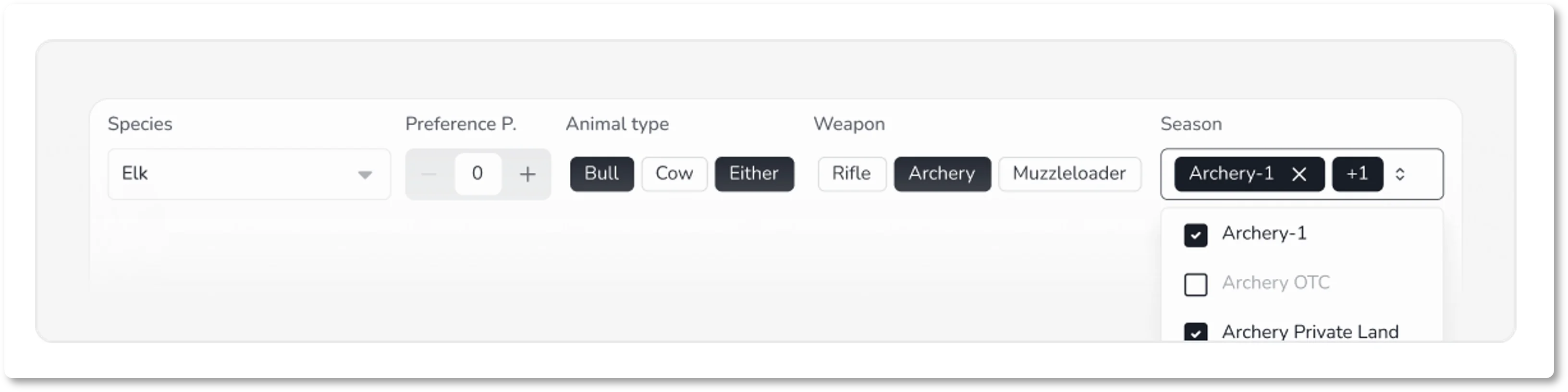 Control panel showing cascading filter options