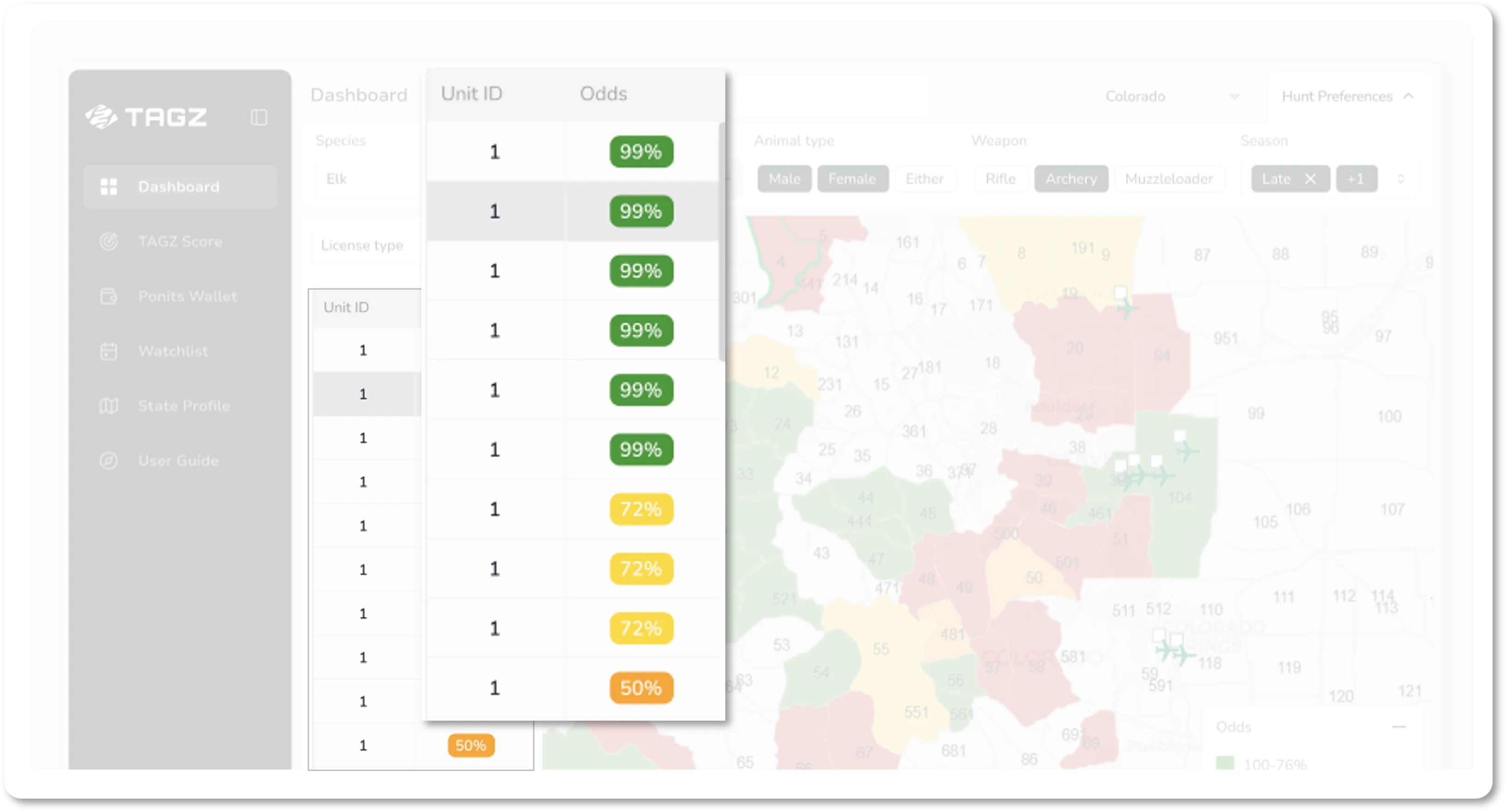Unit list showing GMU codes and odds percentages
